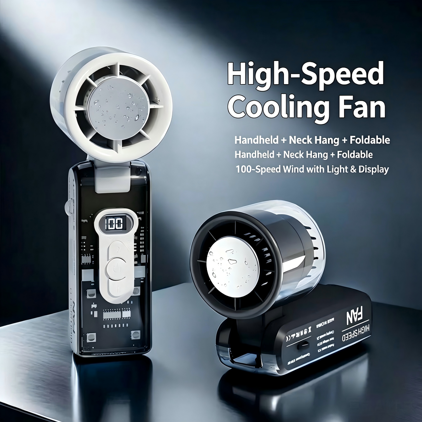 Portable LED Light Rechargeable Handheld Wearable Fan Digital Display Mini Personal Fan with Turbo Cooling for Travel