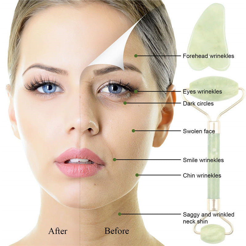 Jade Gua Sha Facial Massager Face Roller Set Anti-Breakage Long-Lasting Use Jawline Sculpting Puffiness Skin Care Tool
