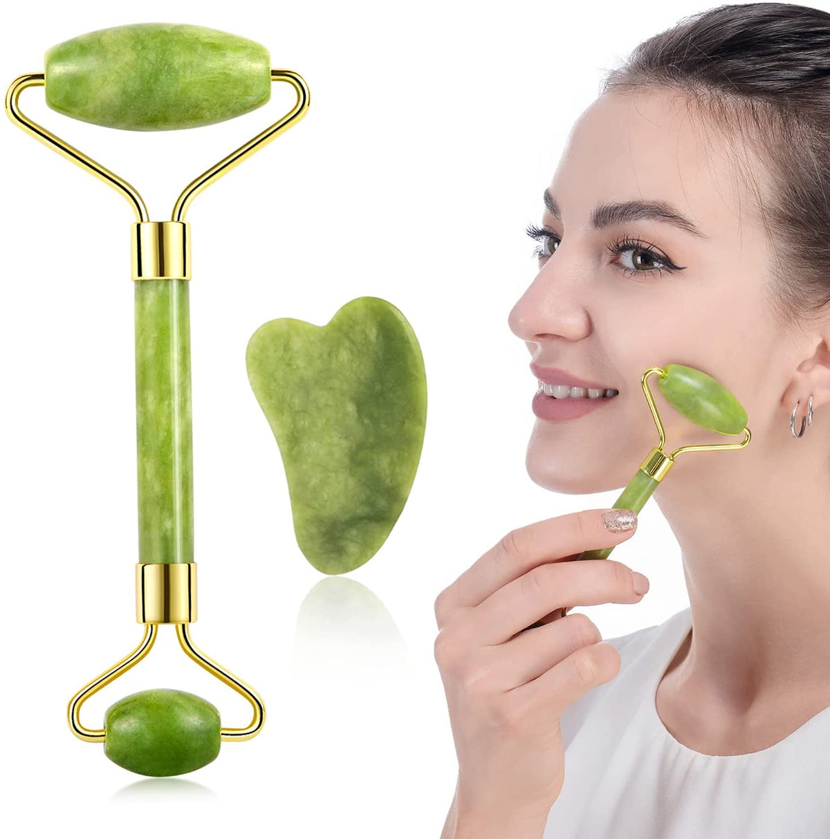 Jade Gua Sha Facial Massager Face Roller Set Anti-Breakage Long-Lasting Use Jawline Sculpting Puffiness Skin Care Tool